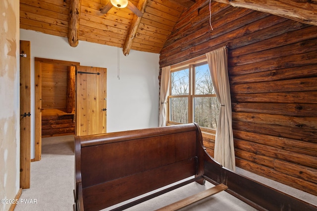 unfurnished bedroom with carpet floors, lofted ceiling with beams, log walls, and wood ceiling