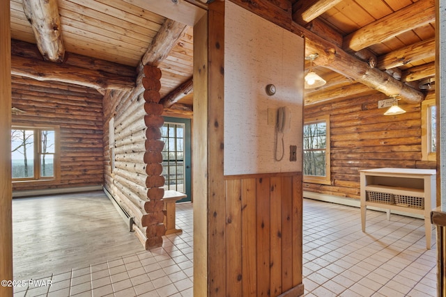 hall with beam ceiling, log walls, and wood ceiling