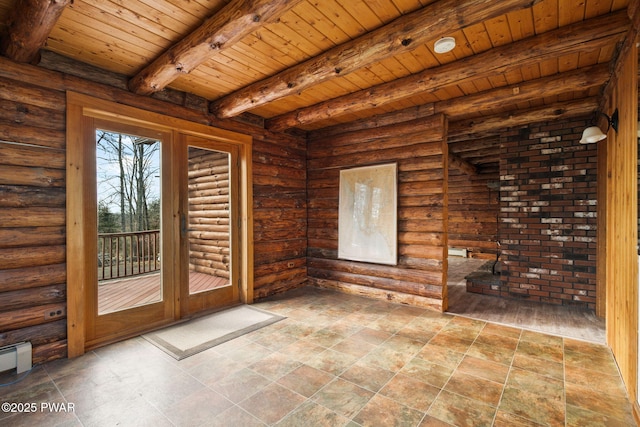 doorway to outside with beamed ceiling, rustic walls, and wooden ceiling