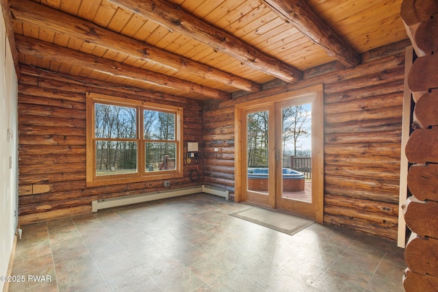 interior space featuring baseboard heating, rustic walls, beamed ceiling, and wood ceiling