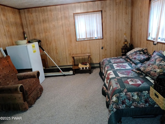 bedroom with wood walls, carpet floors, and a baseboard radiator