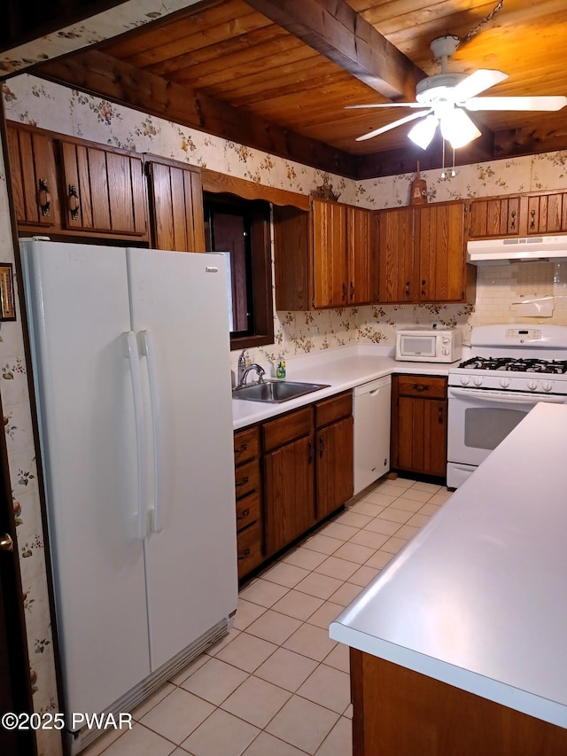 kitchen featuring white appliances, wooden ceiling, sink, ceiling fan, and light tile patterned flooring