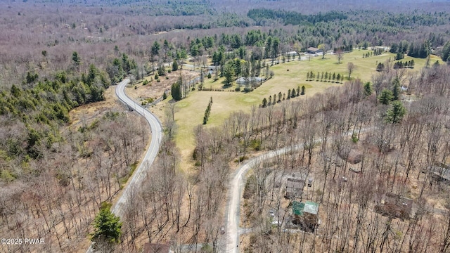 bird's eye view featuring a rural view and a wooded view