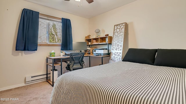 carpeted bedroom featuring baseboards, ceiling fan, and baseboard heating