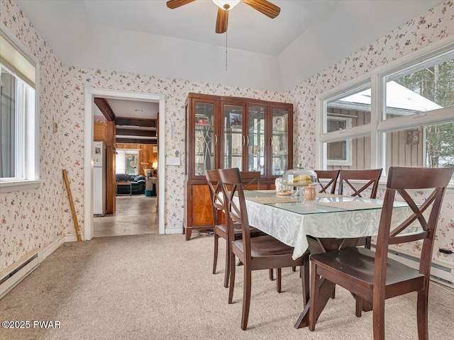 6 Ridge Vw, Hawley, PA 18428 - dining space with wallpapered walls, a ceiling fan, baseboards, and light carpet