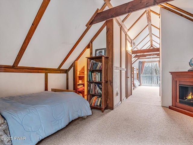 carpeted bedroom featuring vaulted ceiling with beams