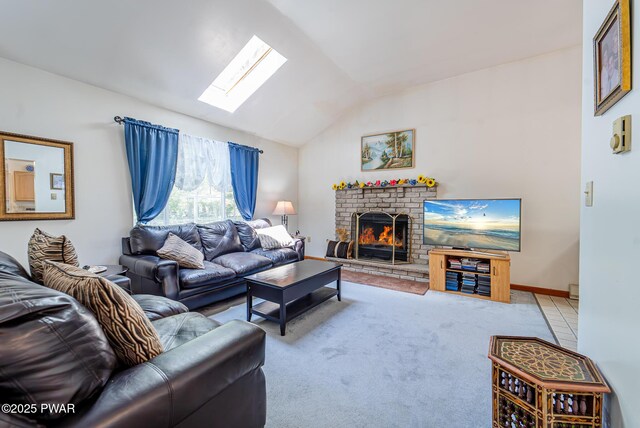111 Babette Ct, Dingmans Ferry, PA 18328 - carpeted living area featuring a skylight, vaulted ceiling, and a brick fireplace
