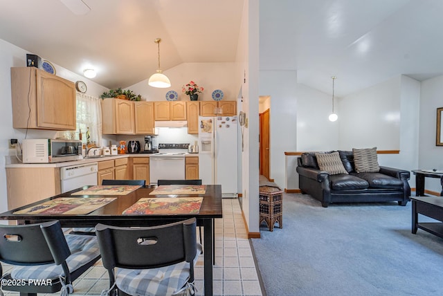 111 Babette Ct, Dingmans Ferry, PA 18328 - kitchen featuring white appliances, light brown cabinetry, under cabinet range hood, a sink, and light carpet