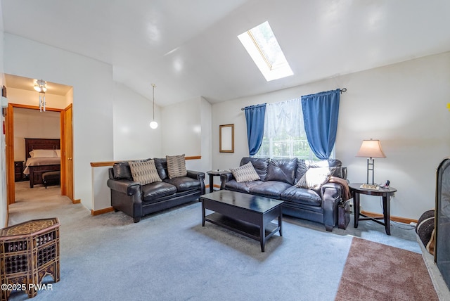 111 Babette Ct, Dingmans Ferry, PA 18328 - carpeted living room with a skylight, baseboards, and high vaulted ceiling