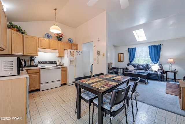 111 Babette Ct, Dingmans Ferry, PA 18328 - dining area featuring a skylight, high vaulted ceiling, light carpet, light tile patterned floors, and ceiling fan