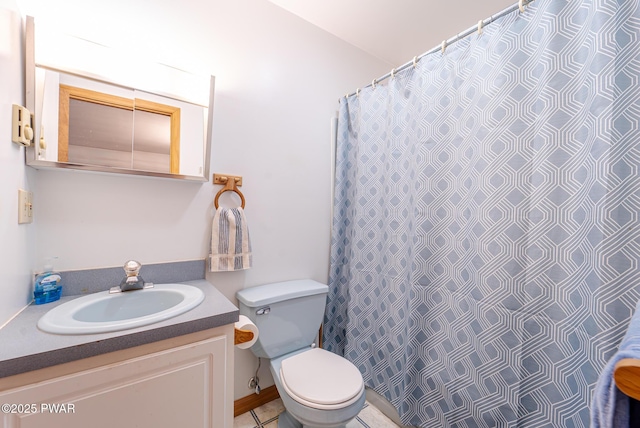 111 Babette Ct, Dingmans Ferry, PA 18328 - bathroom with toilet, vanity, tile patterned flooring, and curtained shower