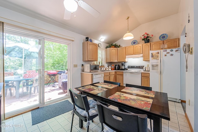 111 Babette Ct, Dingmans Ferry, PA 18328 - kitchen featuring white appliances, under cabinet range hood, light brown cabinetry, light tile patterned flooring, and vaulted ceiling