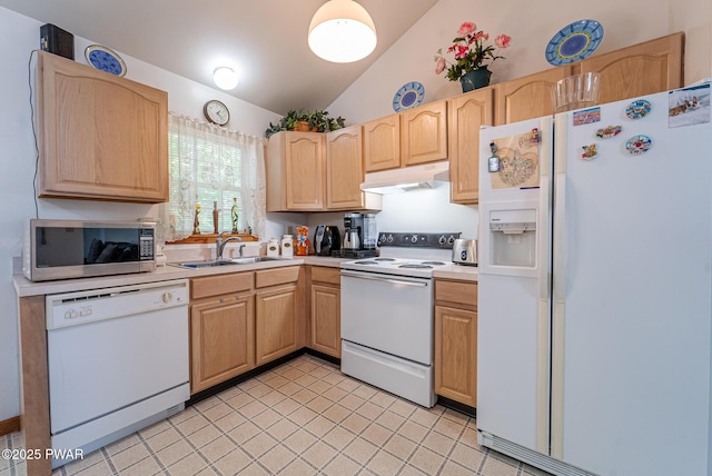 111 Babette Ct, Dingmans Ferry, PA 18328 - kitchen with white appliances, under cabinet range hood, light brown cabinetry, lofted ceiling, and light countertops