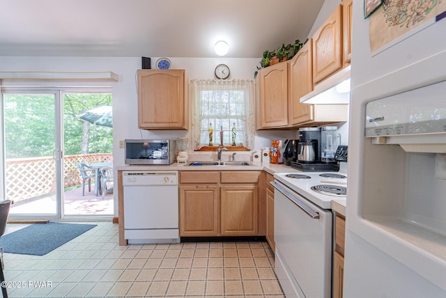 111 Babette Ct, Dingmans Ferry, PA 18328 - kitchen with white appliances, light brown cabinetry, under cabinet range hood, and light countertops