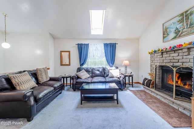 111 Babette Ct, Dingmans Ferry, PA 18328 - living area featuring a fireplace, carpet, and a skylight
