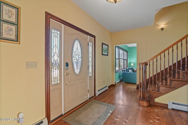 1075 Owego Tpke, Honesdale, PA 18431 - foyer with a baseboard radiator, stairway, wood finished floors, and a baseboard heating unit