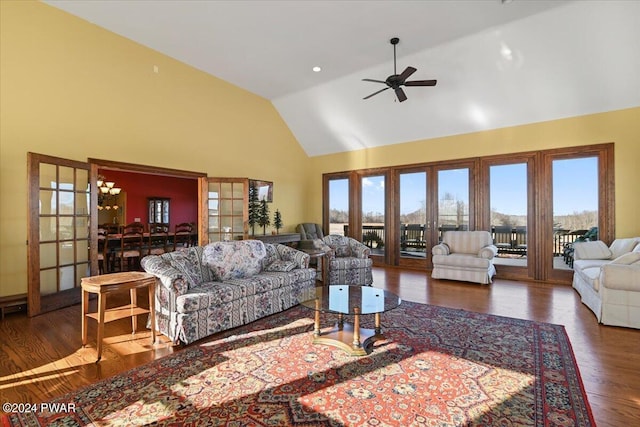 1075 Owego Tpke, Honesdale, PA 18431 - living area featuring high vaulted ceiling, a ceiling fan, wood finished floors, and french doors