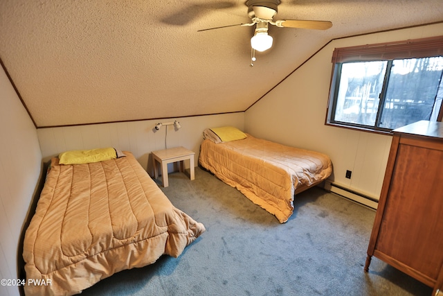 bedroom with carpet flooring, a textured ceiling, ceiling fan, a baseboard heating unit, and lofted ceiling