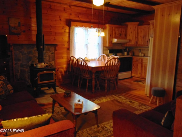 105 Leonard Ln, Paupack, PA 18451 - living room featuring wooden walls, a wood stove, wooden ceiling, wood finished floors, and beam ceiling