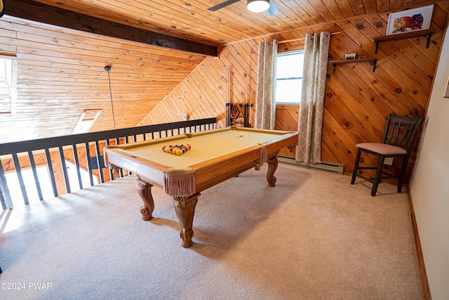 rec room with ceiling fan, a baseboard radiator, vaulted ceiling with beams, wood ceiling, and pool table