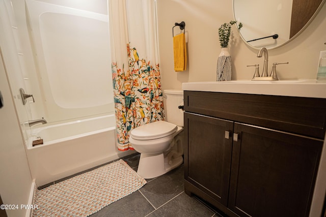 full bathroom featuring tile patterned flooring, vanity, shower / tub combo with curtain, and toilet