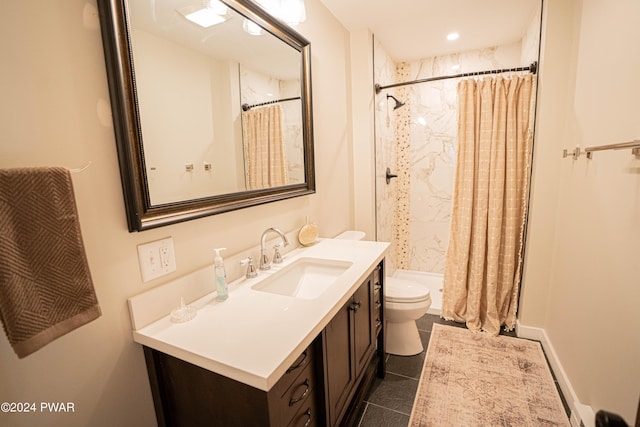 full bathroom featuring tile patterned flooring, vanity, shower / bath combination with curtain, and toilet