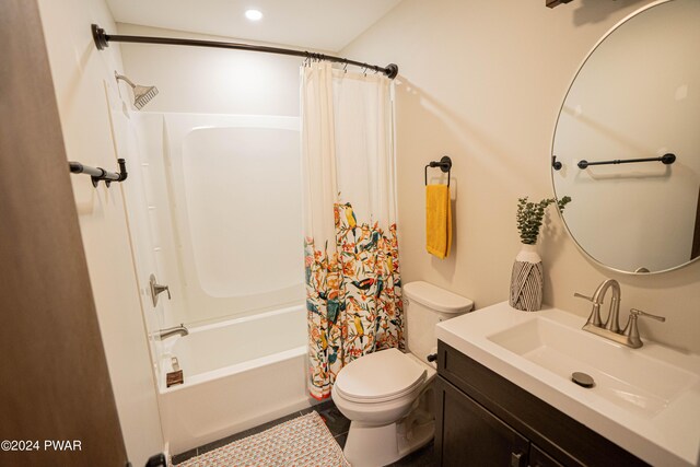 full bathroom with tile patterned flooring, vanity, shower / bath combination with curtain, and toilet