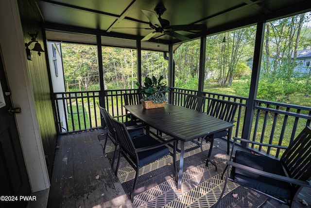 sunroom / solarium featuring ceiling fan and coffered ceiling