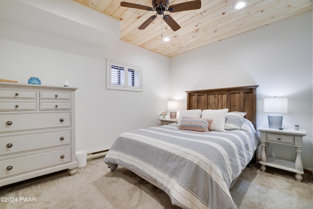 bedroom featuring ceiling fan, wood ceiling, and light carpet