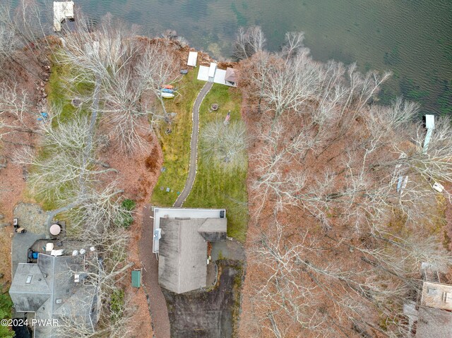 drone / aerial view featuring a water view