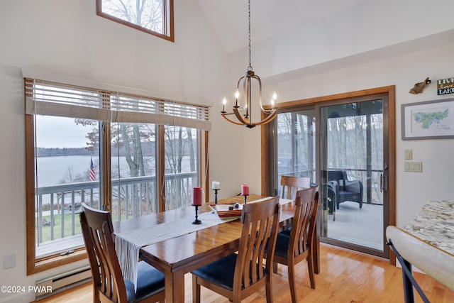 dining area featuring baseboard heating, a water view, light hardwood / wood-style flooring, a notable chandelier, and lofted ceiling