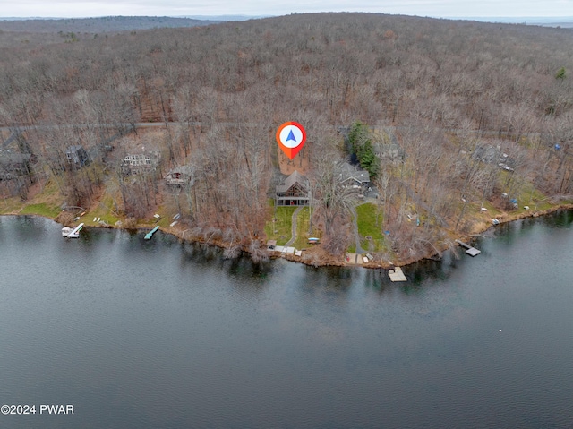 drone / aerial view with a water view