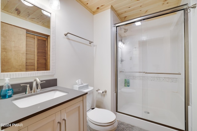 bathroom with a shower with door, vanity, wood ceiling, and toilet