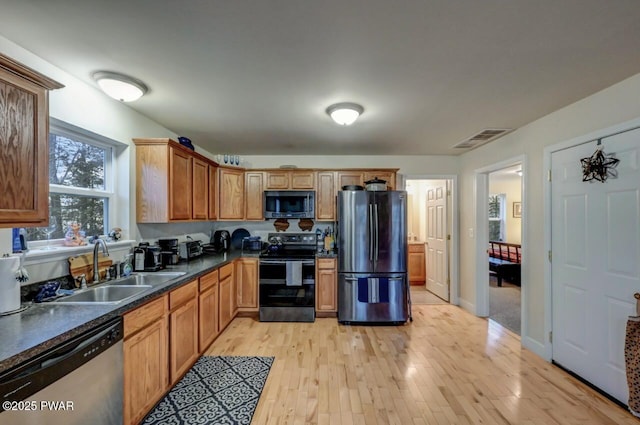 kitchen with visible vents, light wood-style flooring, a sink, dark countertops, and stainless steel appliances