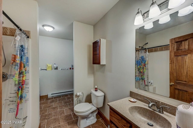 full bath featuring toilet, a shower with curtain, a baseboard radiator, baseboards, and vanity