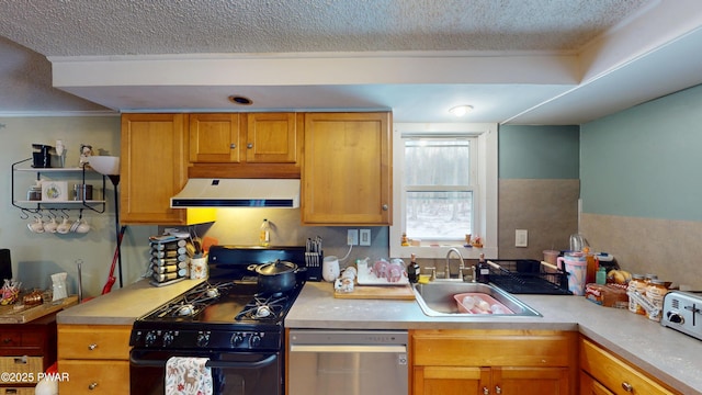 kitchen featuring extractor fan, a sink, light countertops, stainless steel dishwasher, and black gas range oven