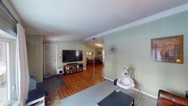 living room with lofted ceiling, a textured ceiling, wood finished floors, baseboards, and crown molding