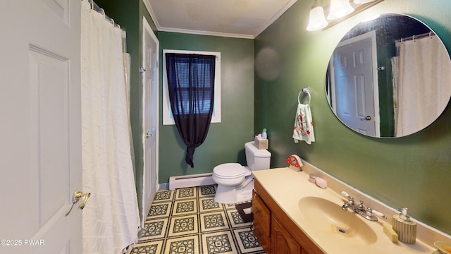 full bathroom with crown molding, toilet, baseboard heating, vanity, and baseboards