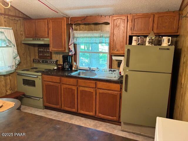 195 Conashaugh Trl, Milford, PA 18337 - kitchen with white appliances, under cabinet range hood, dark countertops, brown cabinets, and wood walls
