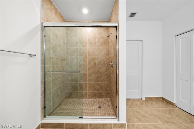 full bathroom with tile patterned floors, visible vents, and a stall shower