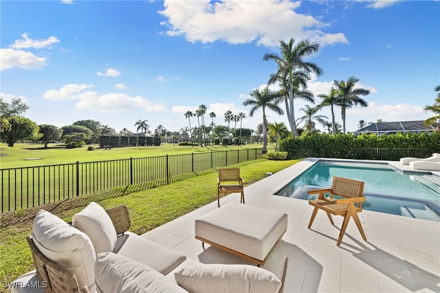 view of pool featuring a water slide, a fenced backyard, an outdoor living space, a yard, and a patio area