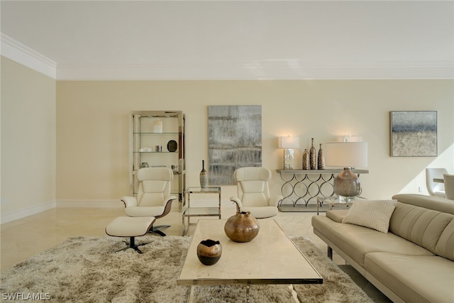 tiled living room featuring ornamental molding