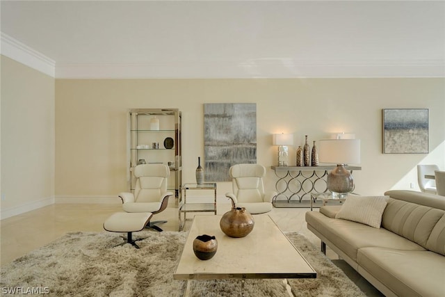 living room featuring crown molding and baseboards