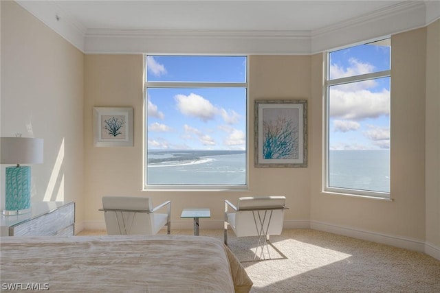 bedroom featuring a water view, baseboards, light carpet, and ornamental molding