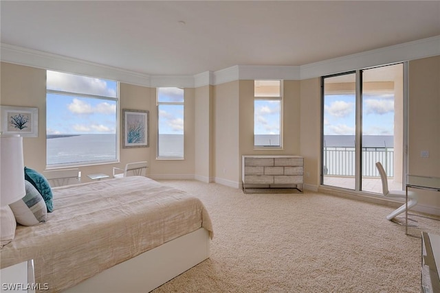 carpeted bedroom featuring a water view, access to outside, baseboards, and crown molding