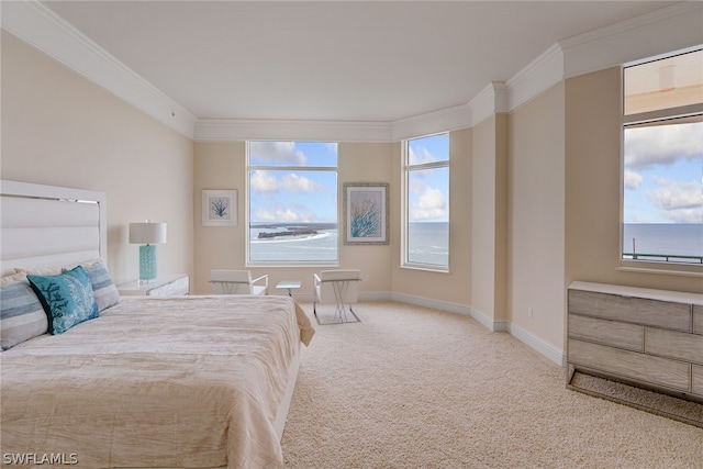 carpeted bedroom with crown molding