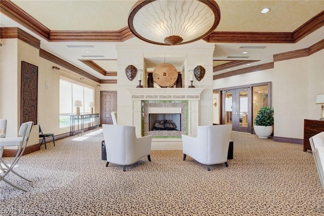 unfurnished living room featuring french doors, a fireplace, crown molding, carpet flooring, and baseboards