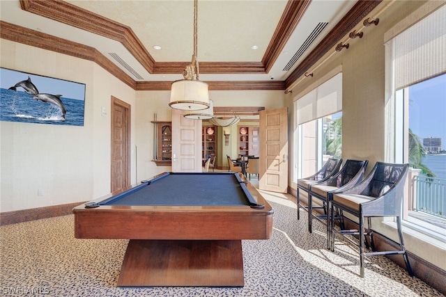 recreation room featuring pool table, ornamental molding, and a raised ceiling