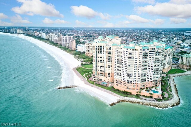 aerial view featuring a beach view and a water view