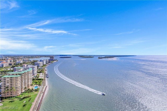 drone / aerial view featuring a water view and a city view